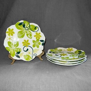 Pier 1 Set of 4 Green Tropical Flower Dessert Plates